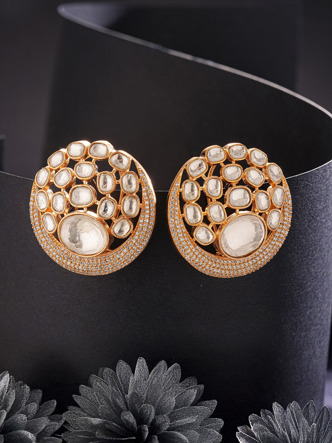 Gold Plated Uncut Polki Mossanite Kundan Studded  Bridal Designer Circular Studds Earrings